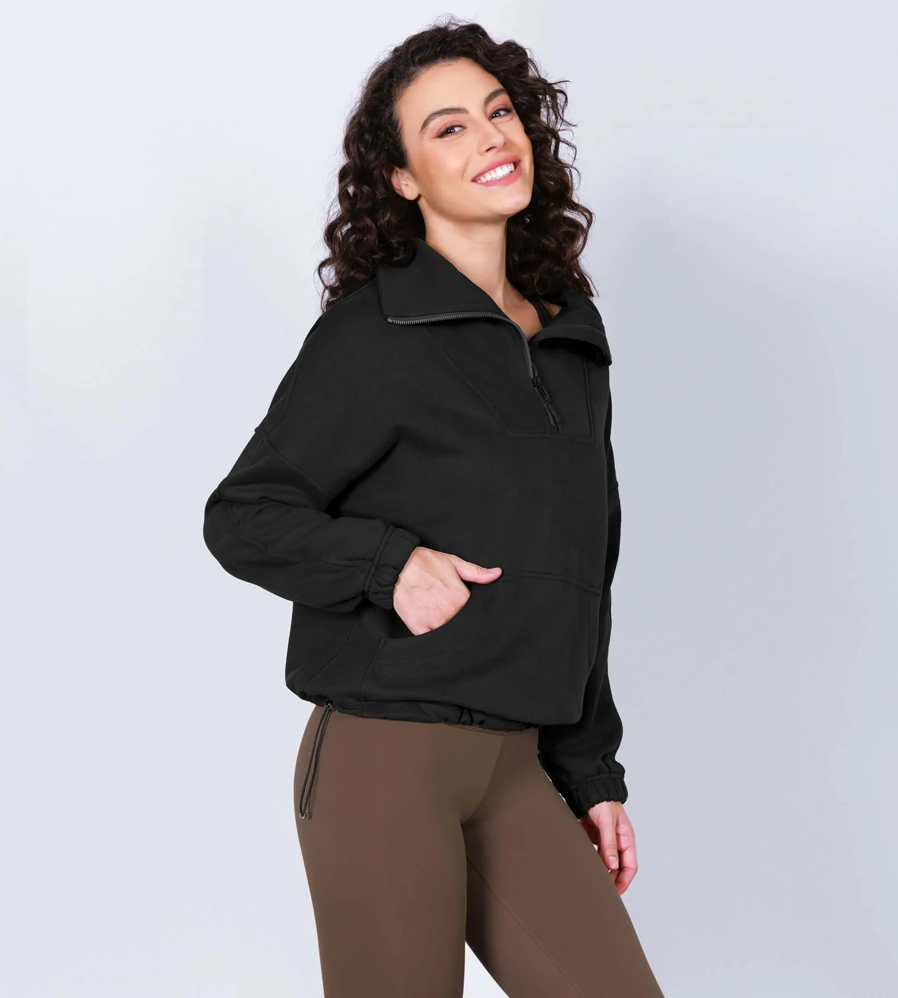 Funnel Neck Half Zipper Fleece Lined Hoodie