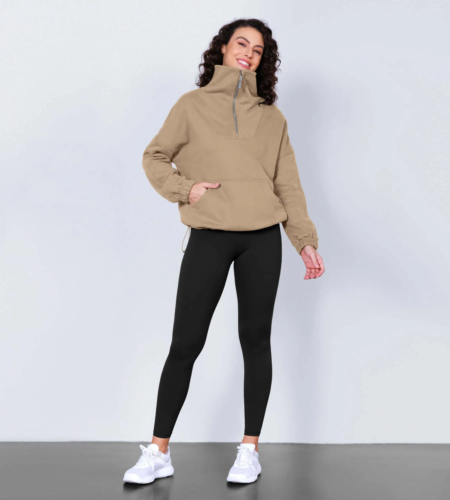 Funnel Neck Half Zipper Fleece Lined Hoodie