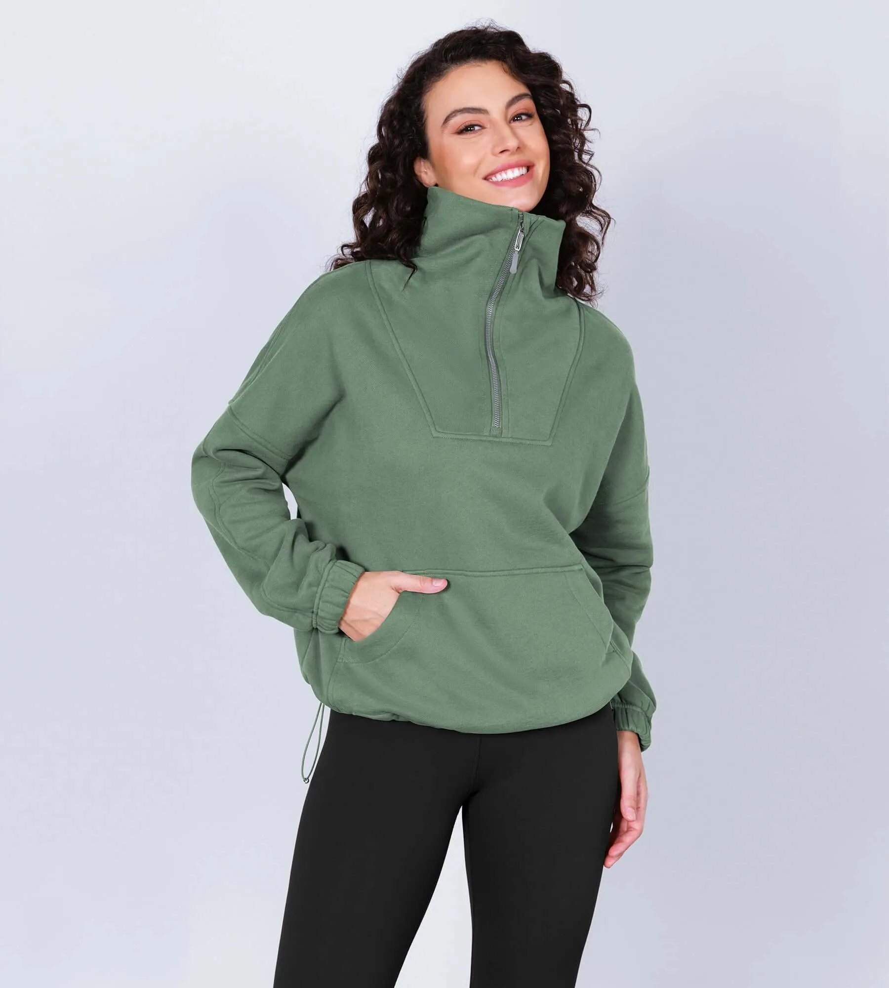 Funnel Neck Half Zipper Fleece Lined Hoodie