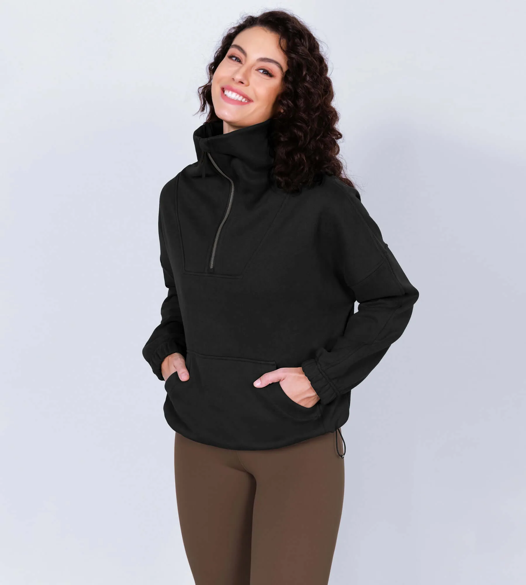 Funnel Neck Half Zipper Fleece Lined Hoodie