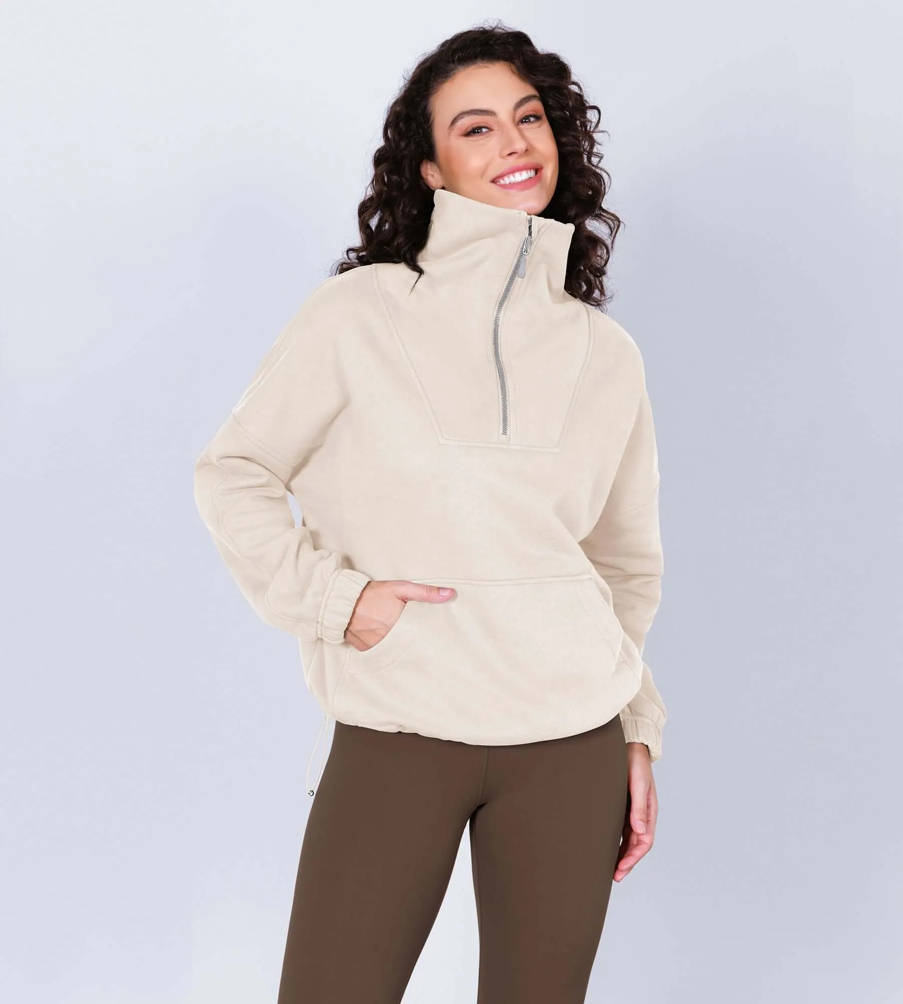 Funnel Neck Half Zipper Fleece Lined Hoodie