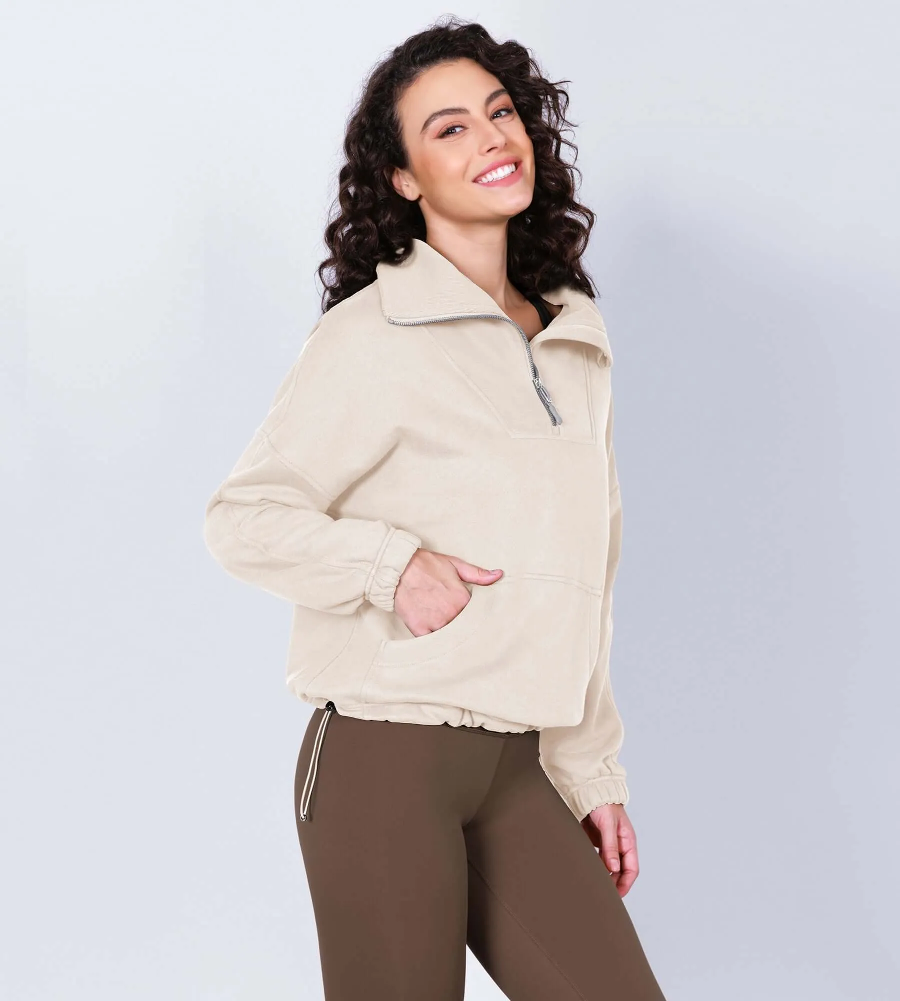 Funnel Neck Half Zipper Fleece Lined Hoodie