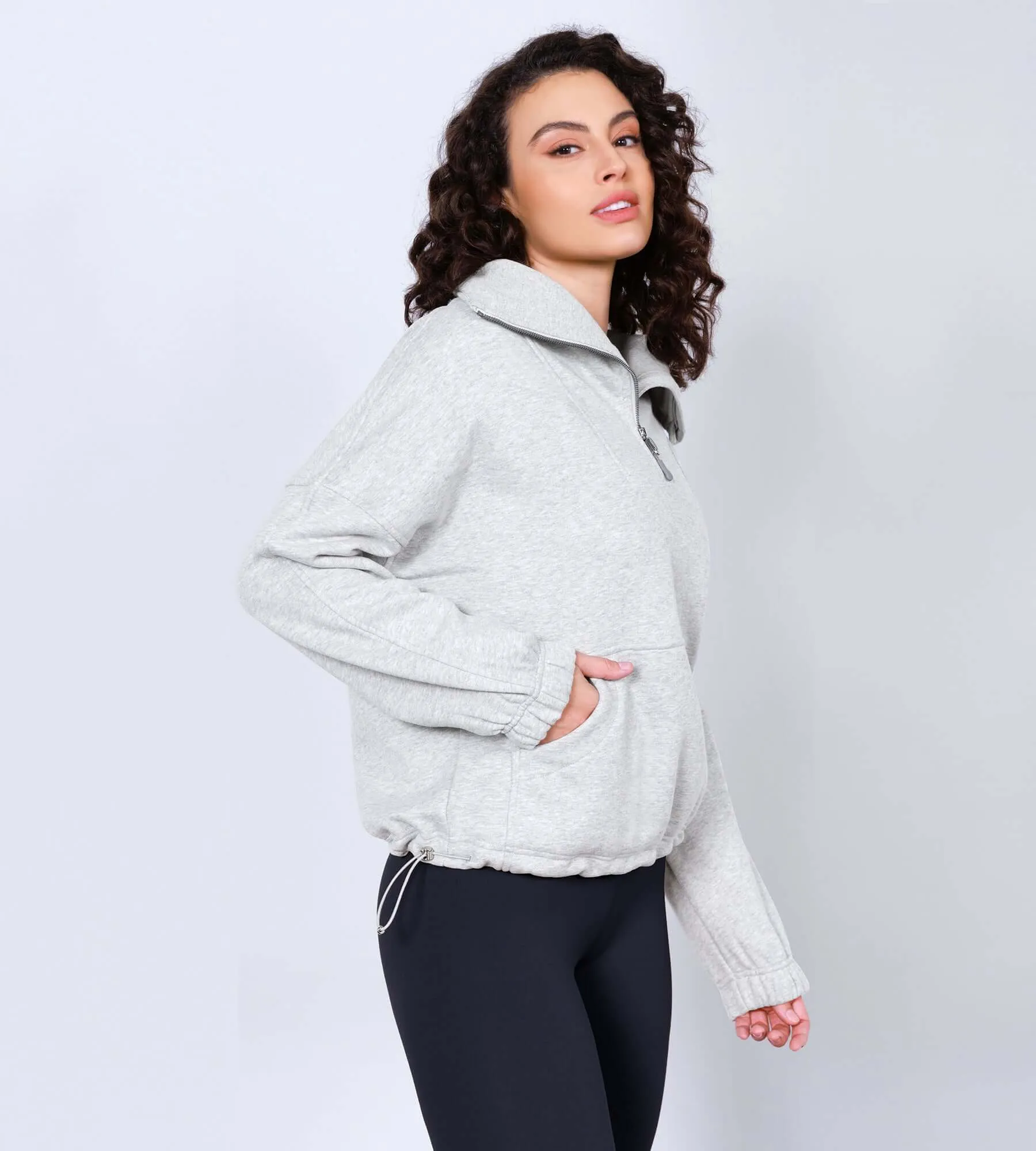 Funnel Neck Half Zipper Fleece Lined Hoodie