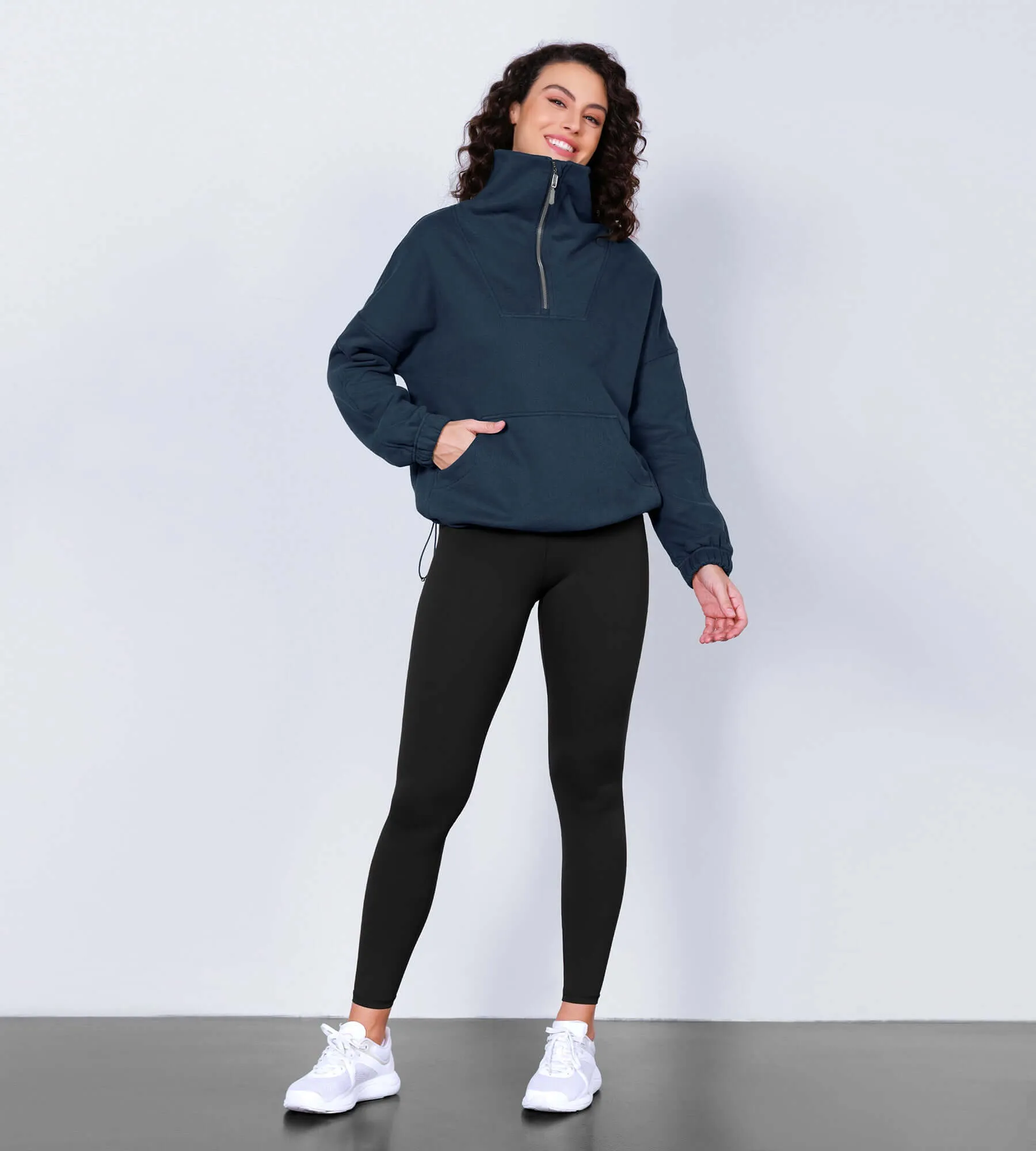 Funnel Neck Half Zipper Fleece Lined Hoodie