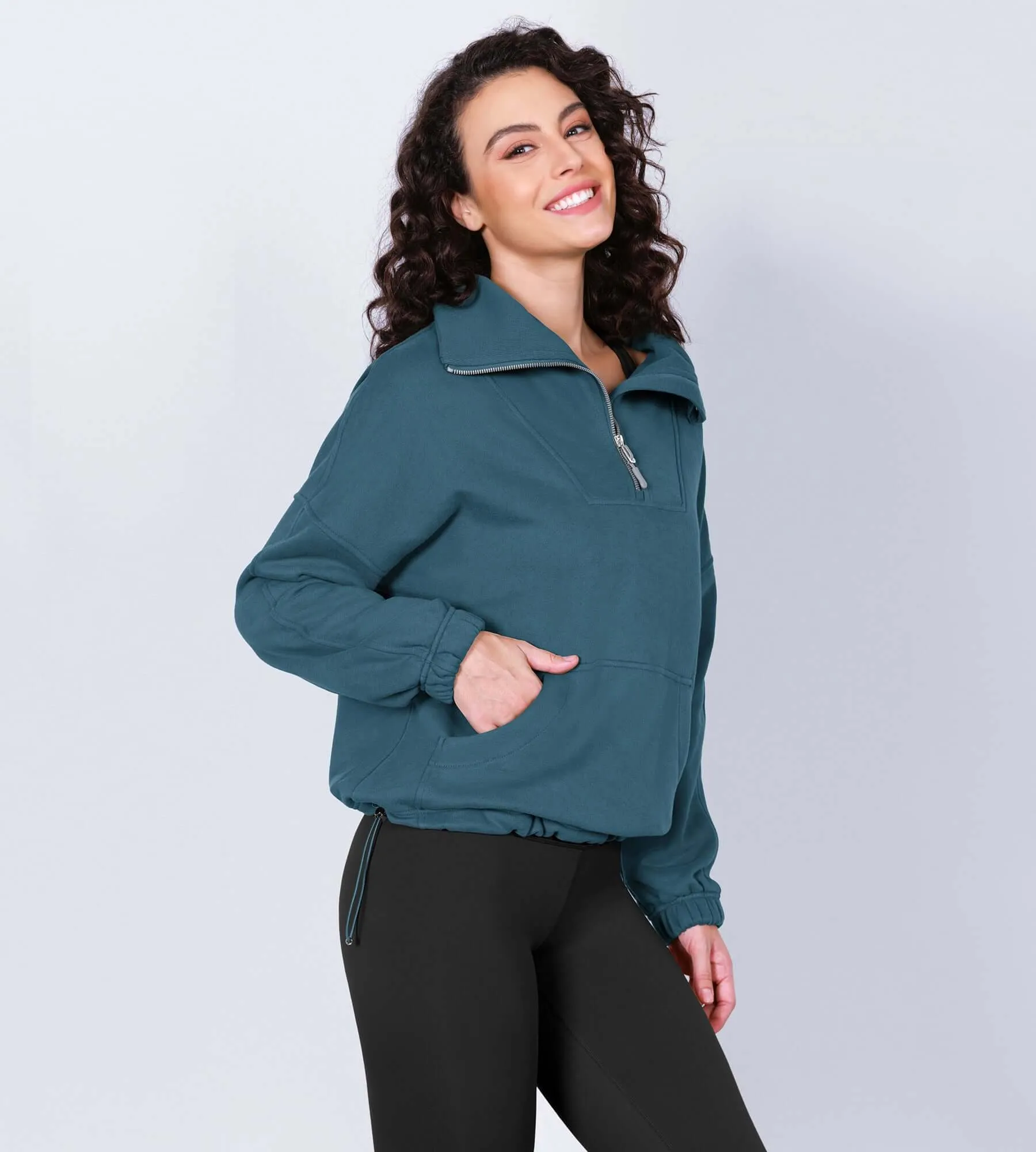 Funnel Neck Half Zipper Fleece Lined Hoodie