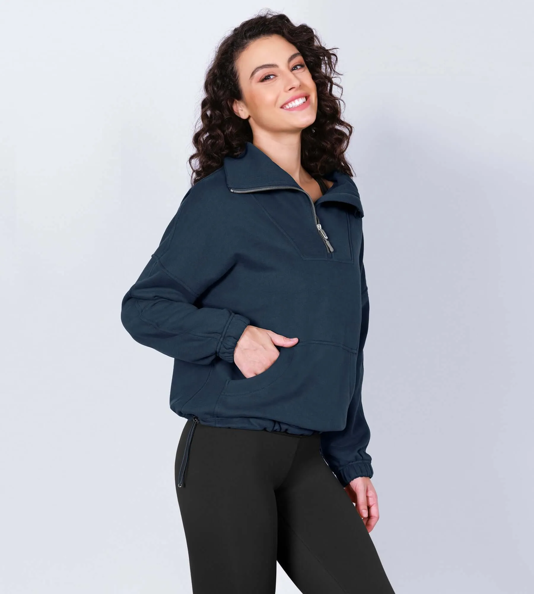 Funnel Neck Half Zipper Fleece Lined Hoodie