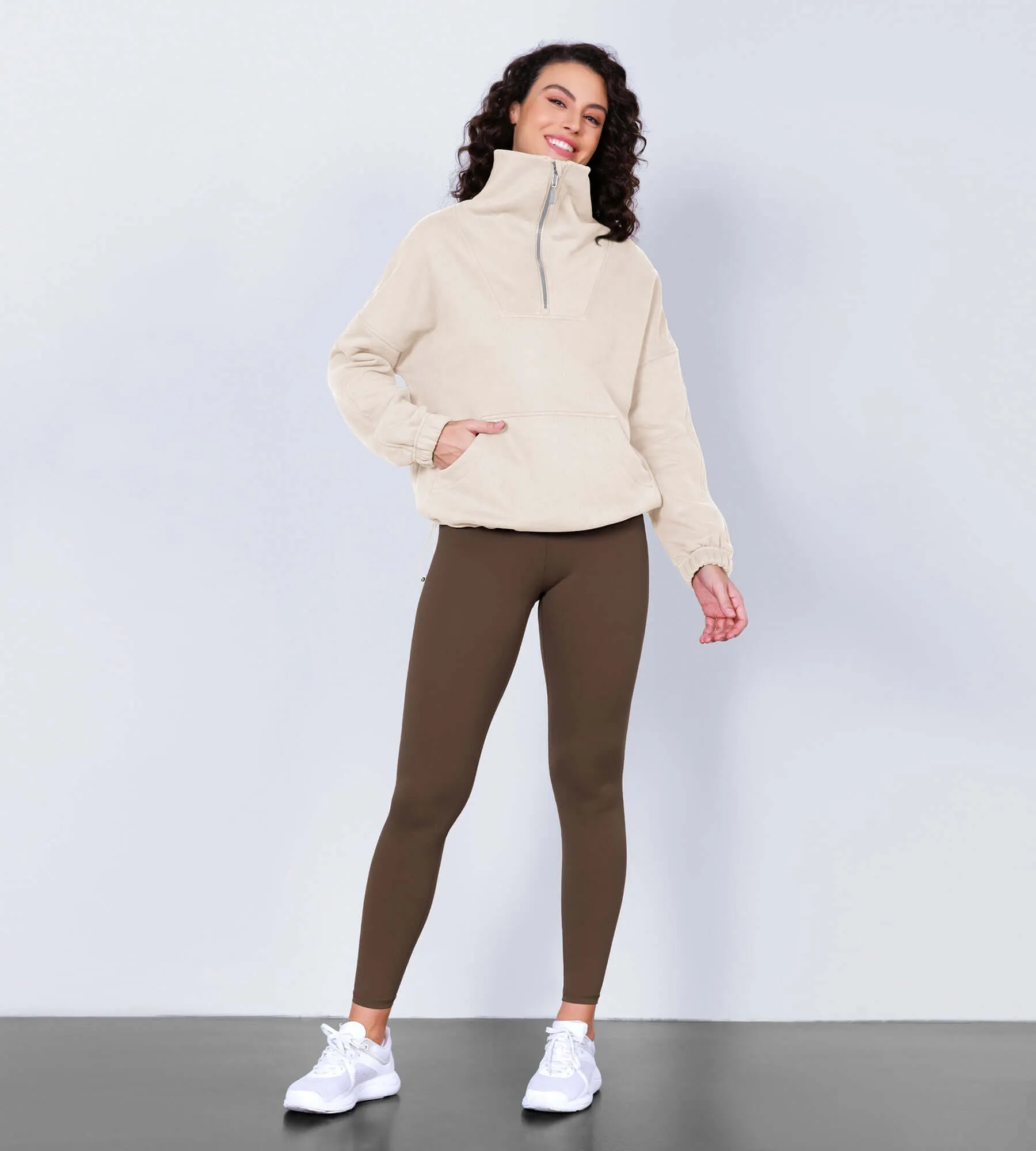 Funnel Neck Half Zipper Fleece Lined Hoodie