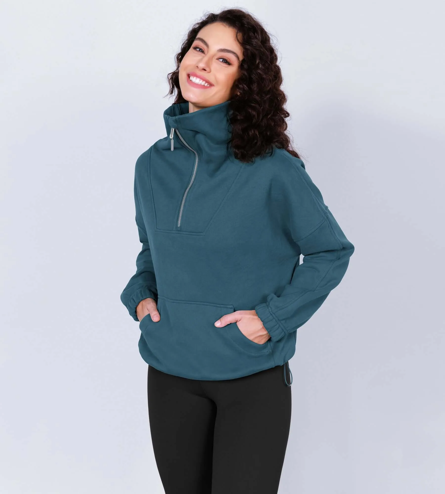 Funnel Neck Half Zipper Fleece Lined Hoodie