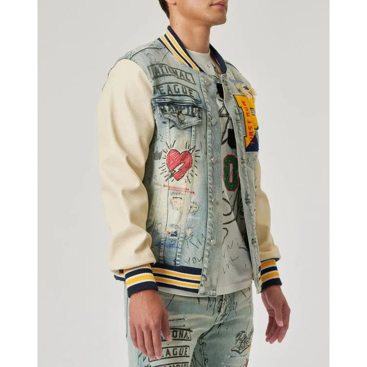 HAND DRAWING LEATHER SLEEVES DENIM VARSITY JACKET