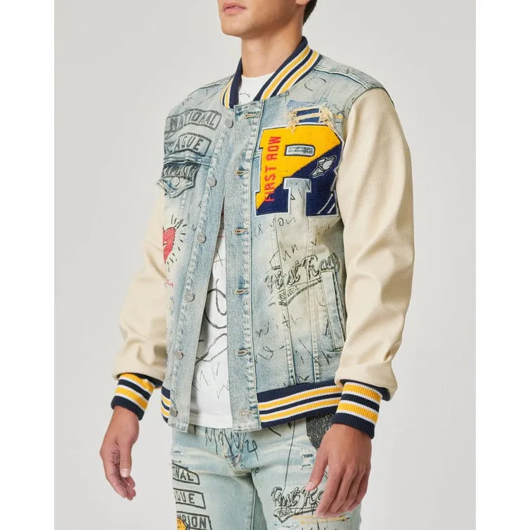 HAND DRAWING LEATHER SLEEVES DENIM VARSITY JACKET