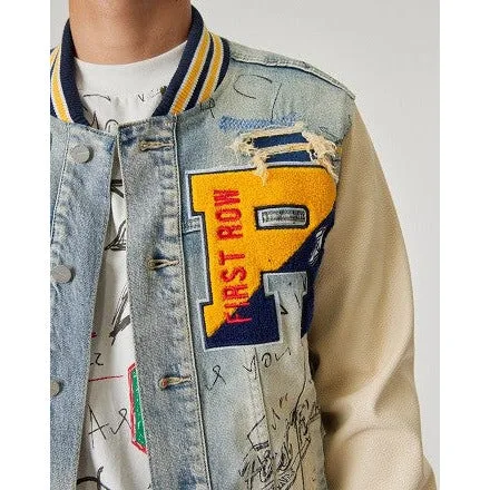 HAND DRAWING LEATHER SLEEVES DENIM VARSITY JACKET