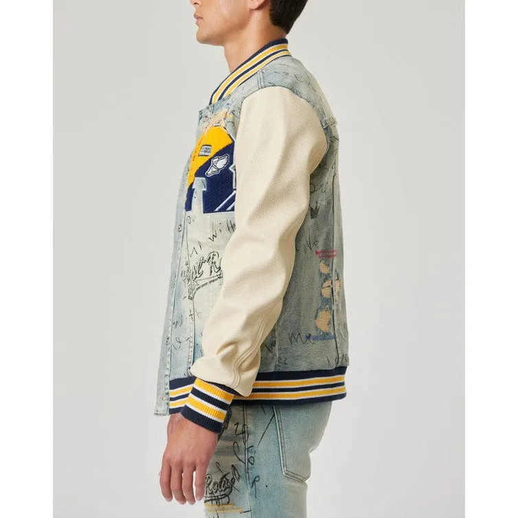 HAND DRAWING LEATHER SLEEVES DENIM VARSITY JACKET