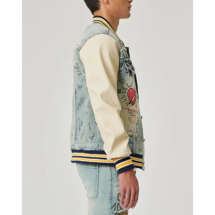 HAND DRAWING LEATHER SLEEVES DENIM VARSITY JACKET