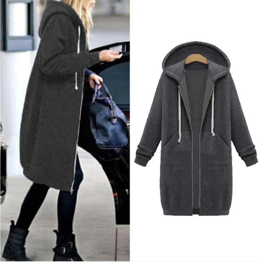 High quality Women Casual Long Zipper Hooded Jacket Hoodies Sweatshirt Vintage Streetwear Plus Size Outwear Hoody Coat Clothing