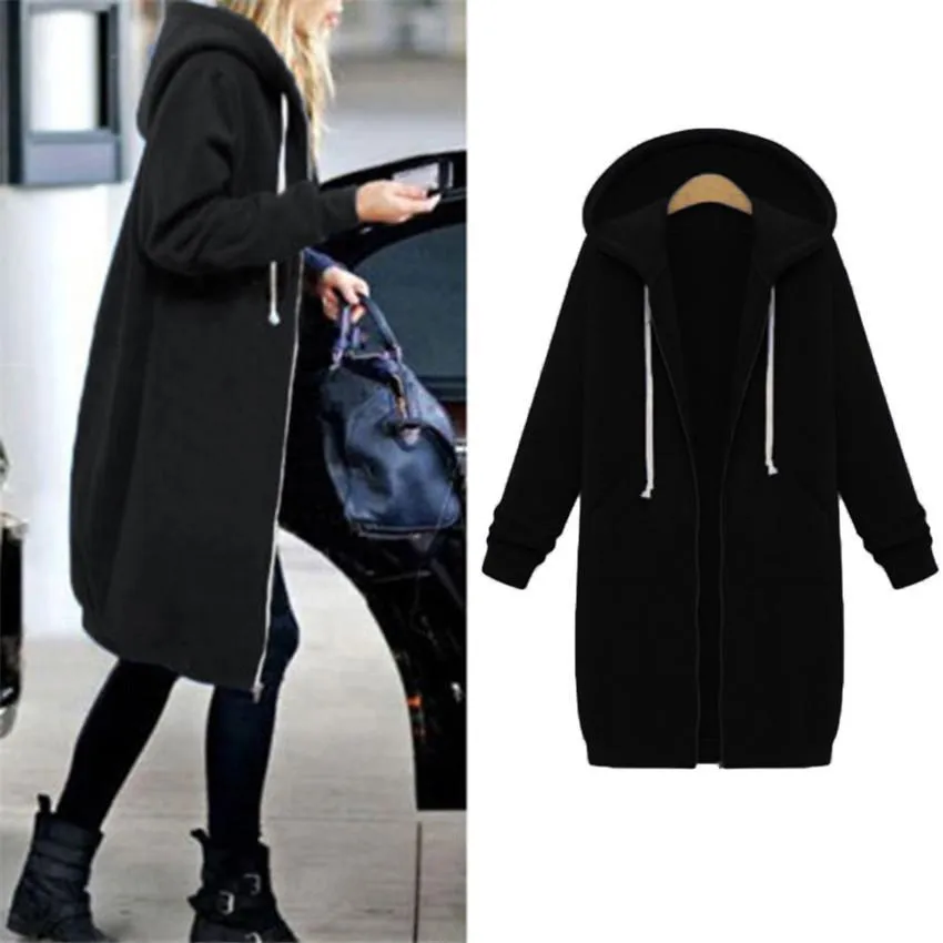 High quality Women Casual Long Zipper Hooded Jacket Hoodies Sweatshirt Vintage Streetwear Plus Size Outwear Hoody Coat Clothing