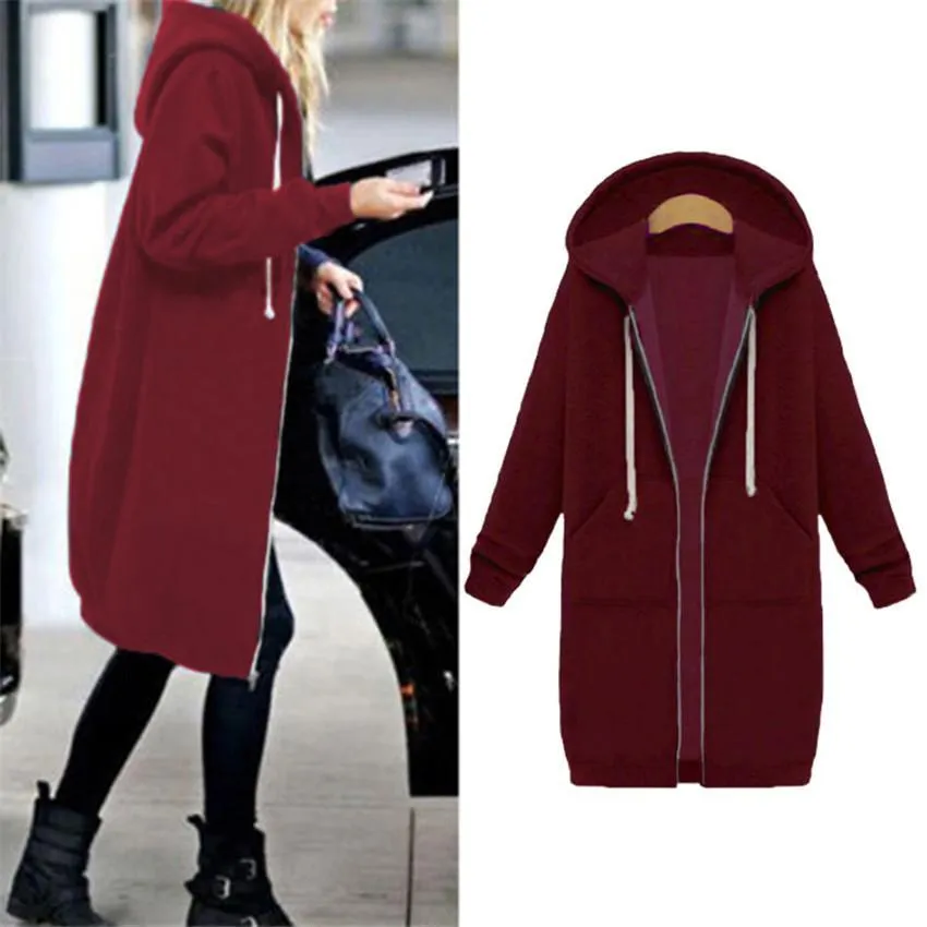 High quality Women Casual Long Zipper Hooded Jacket Hoodies Sweatshirt Vintage Streetwear Plus Size Outwear Hoody Coat Clothing