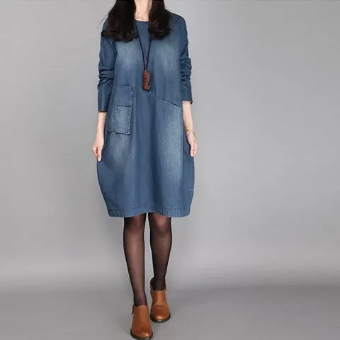 Loose Long Sleeved Washed Old Denim Dress