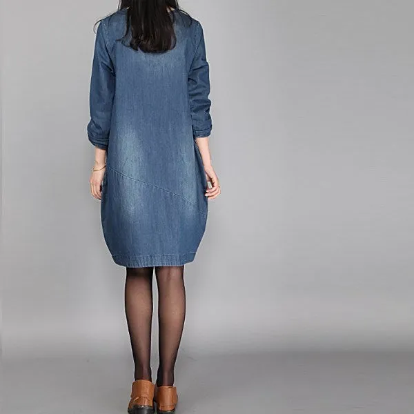 Loose Long Sleeved Washed Old Denim Dress