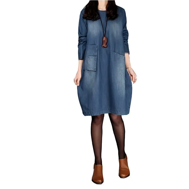 Loose Long Sleeved Washed Old Denim Dress