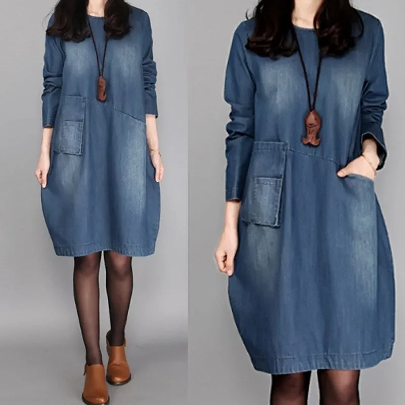 Loose Long Sleeved Washed Old Denim Dress