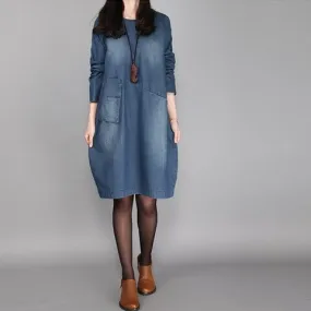 Loose Long Sleeved Washed Old Denim Dress