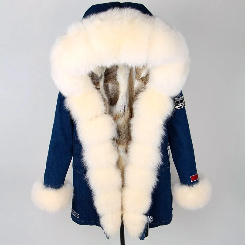 Maomaokong Real Raccoon Fur Coat Fox Collar Denim Coats Winter Jackets Women Parkas Hooded Real Rabbit Fur Liner Women's Jacket