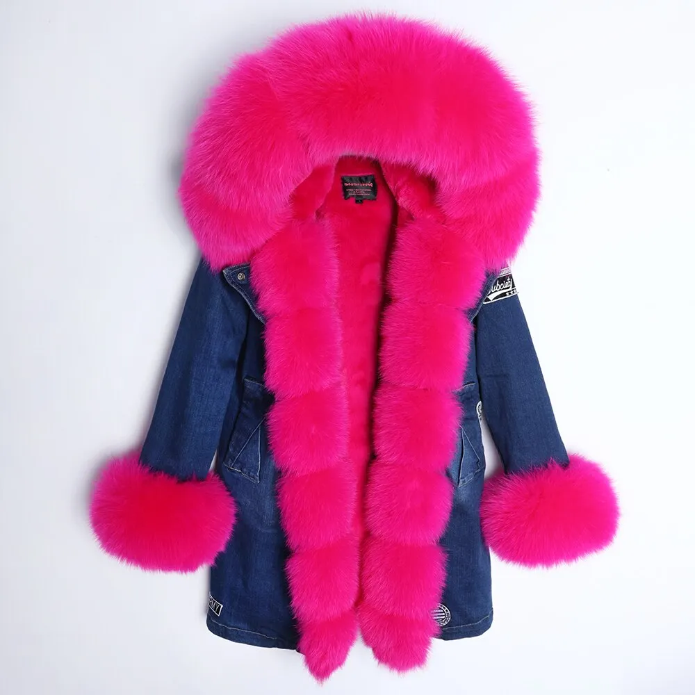 Maomaokong Real Raccoon Fur Coat Fox Collar Denim Coats Winter Jackets Women Parkas Hooded Real Rabbit Fur Liner Women's Jacket