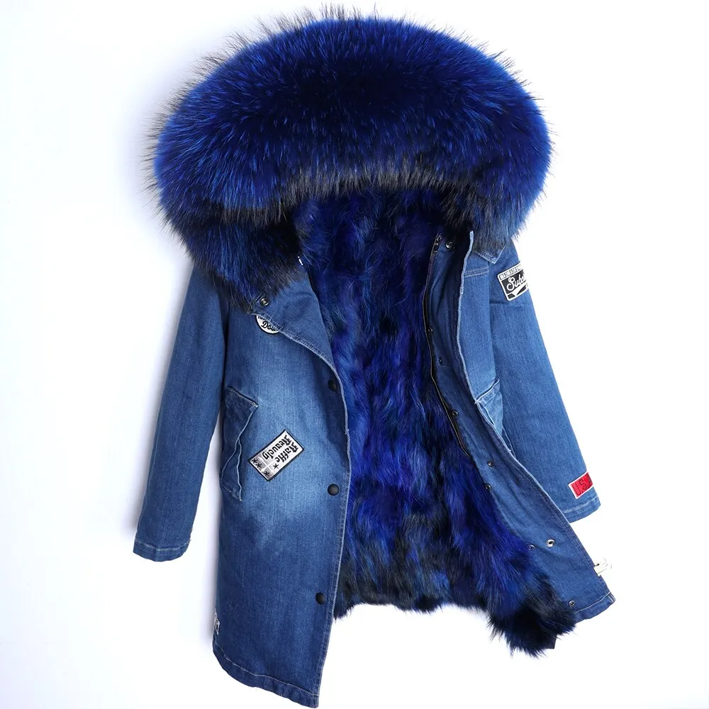 Maomaokong Real Raccoon Fur Coat Fox Collar Denim Coats Winter Jackets Women Parkas Hooded Real Rabbit Fur Liner Women's Jacket