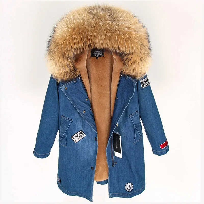 Maomaokong Real Raccoon Fur Coat Fox Collar Denim Coats Winter Jackets Women Parkas Hooded Real Rabbit Fur Liner Women's Jacket