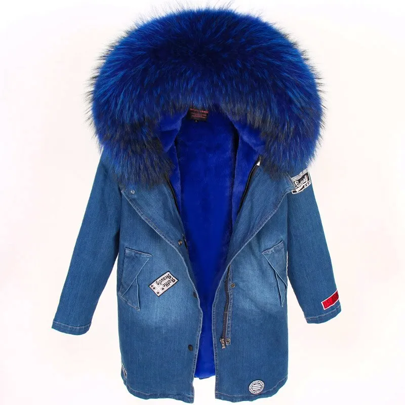 Maomaokong Real Raccoon Fur Coat Fox Collar Denim Coats Winter Jackets Women Parkas Hooded Real Rabbit Fur Liner Women's Jacket