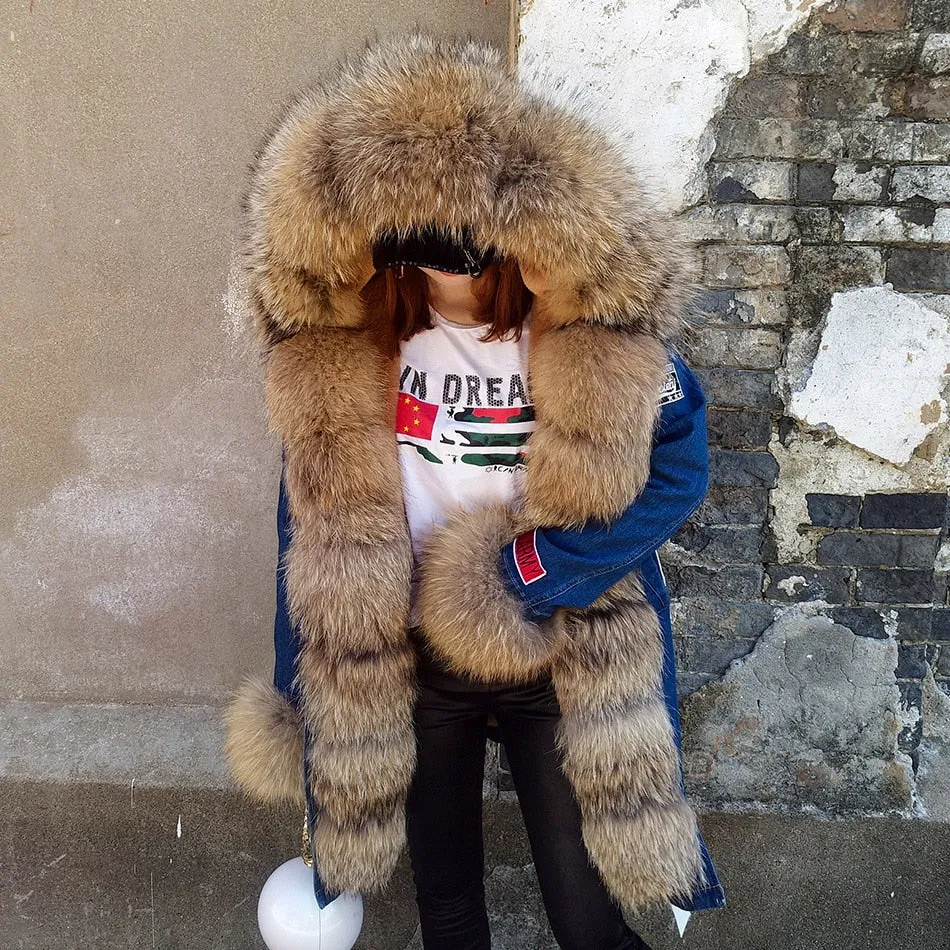 Maomaokong Real Raccoon Fur Coat Fox Collar Denim Coats Winter Jackets Women Parkas Hooded Real Rabbit Fur Liner Women's Jacket