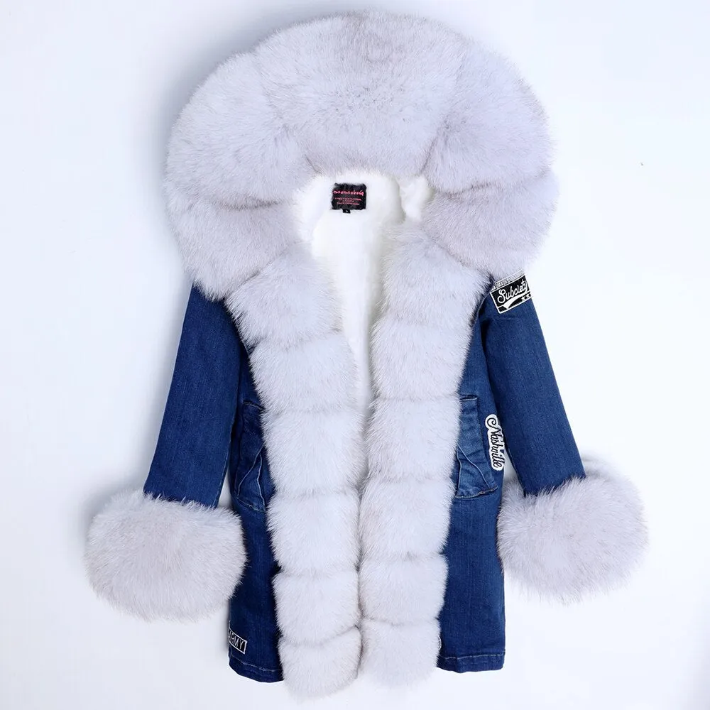 Maomaokong Real Raccoon Fur Coat Fox Collar Denim Coats Winter Jackets Women Parkas Hooded Real Rabbit Fur Liner Women's Jacket