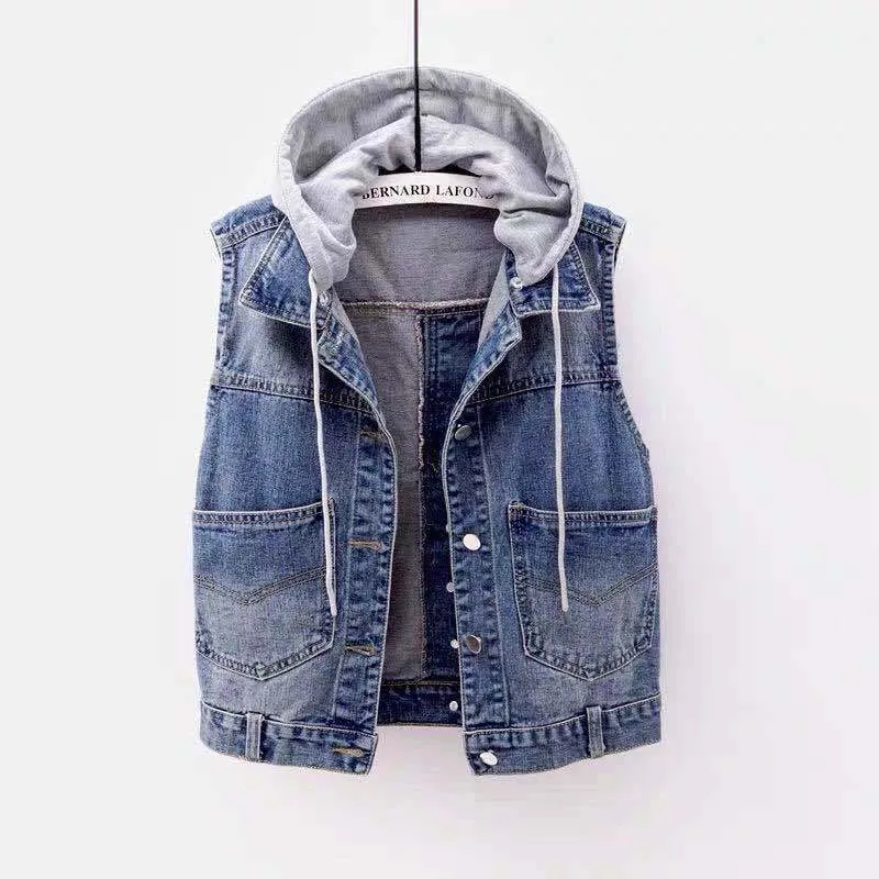 Spring And Autumn New Sleeveless Slim Hooded Denim Jacket