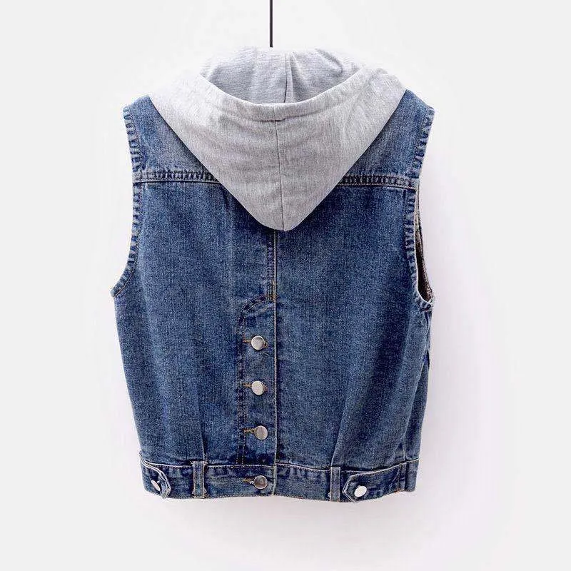 Spring And Autumn New Sleeveless Slim Hooded Denim Jacket