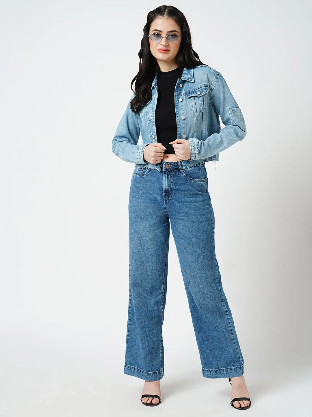 Women Blue Solid Full Length Jacket