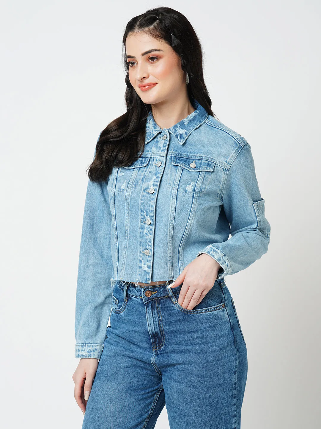 Women Blue Solid Full Length Jacket