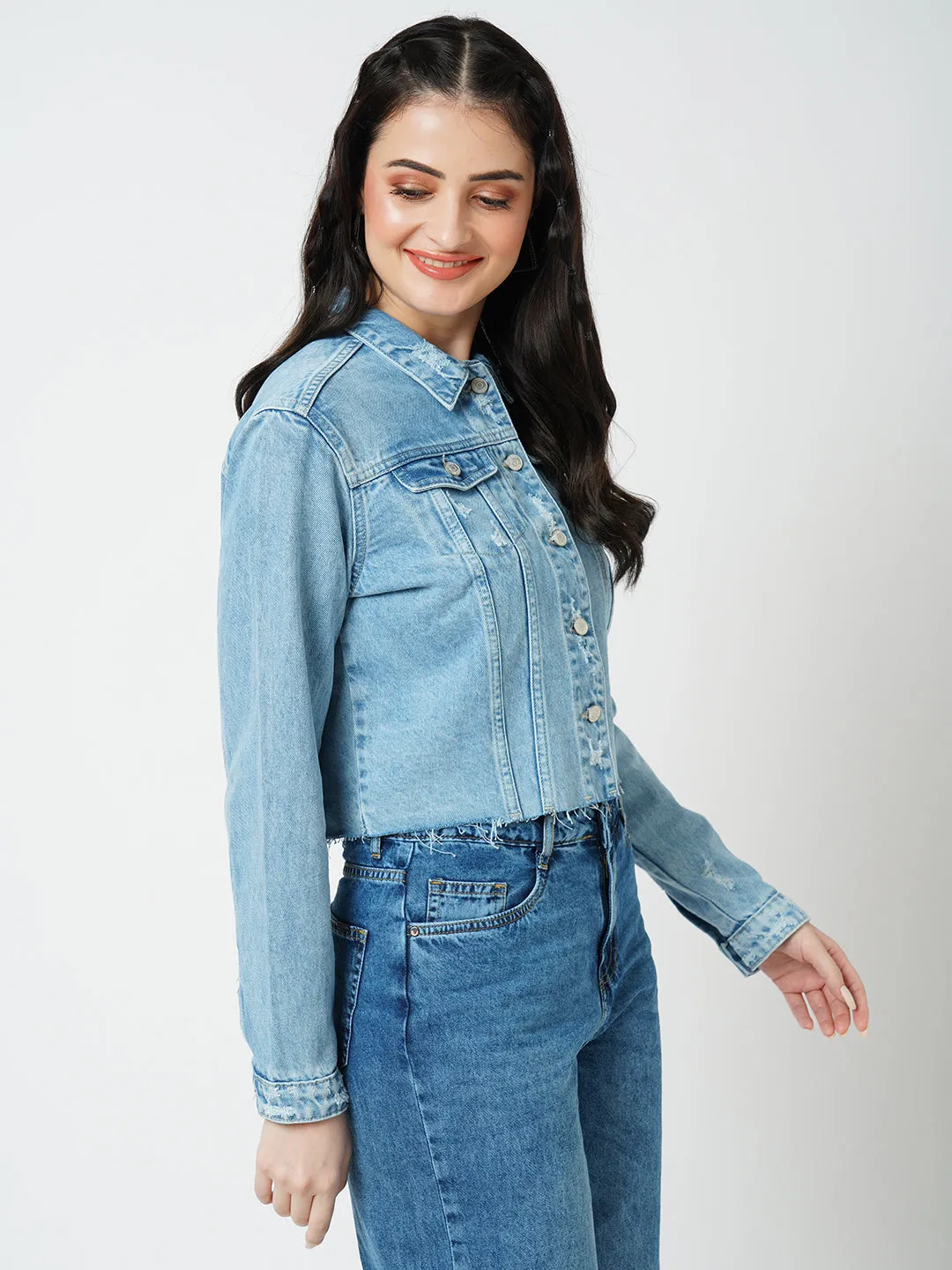 Women Blue Solid Full Length Jacket